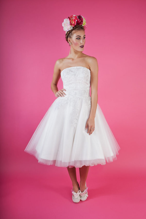 Strapless wedding dress with appliqued lace, satin and tulle