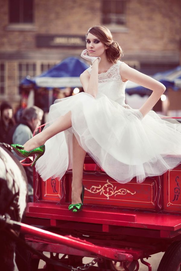 Knee length, sequin/beaded lace and full circle skirt tulle wedding gown